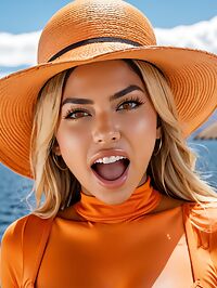A sexy 27 year old Cuban girl shows off her assets in an orange bodysuit at Lake Titicaca